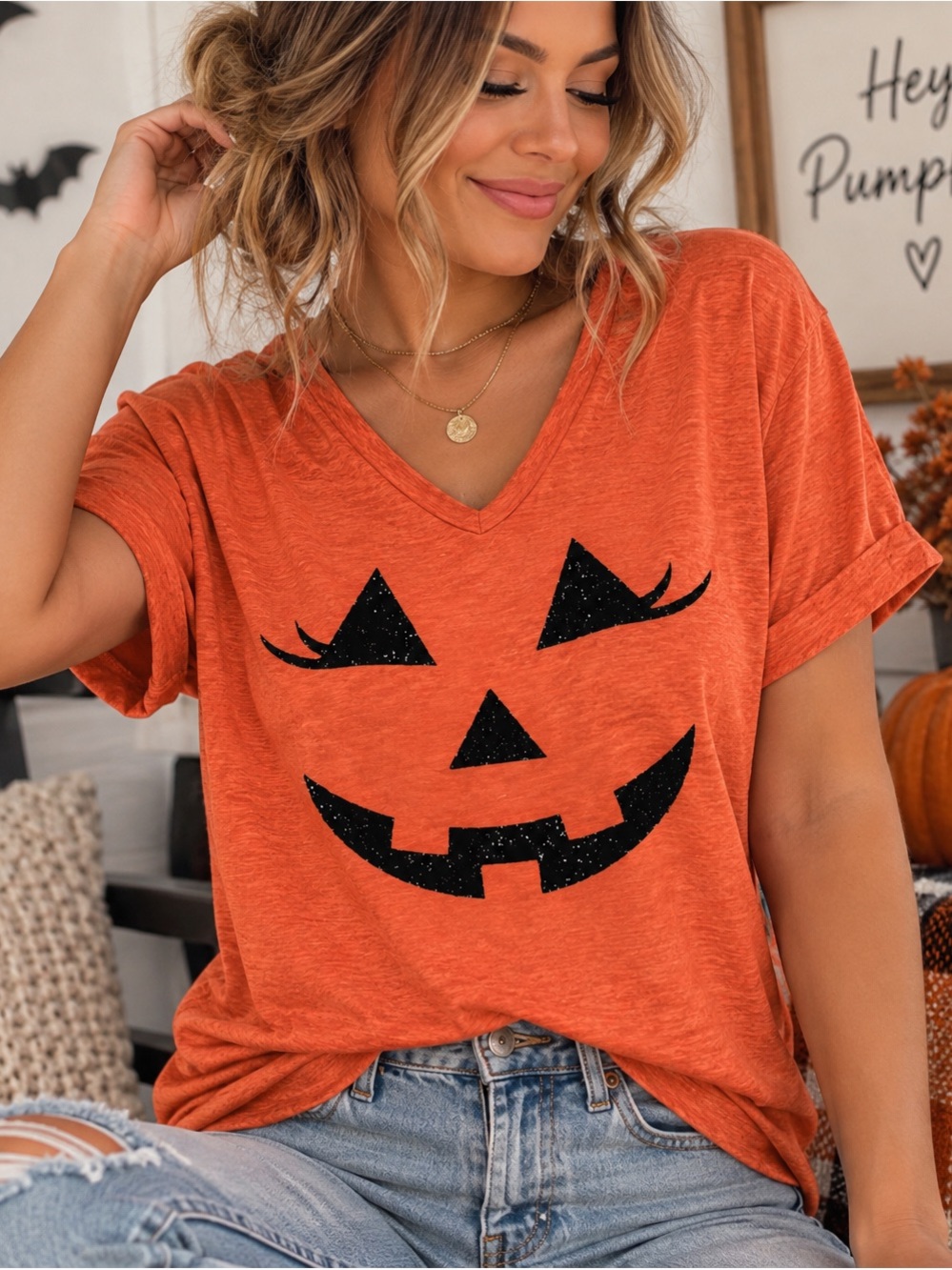 Women's Orange Halloween Jack-O'-Lantern V-Neck T-Shirt
